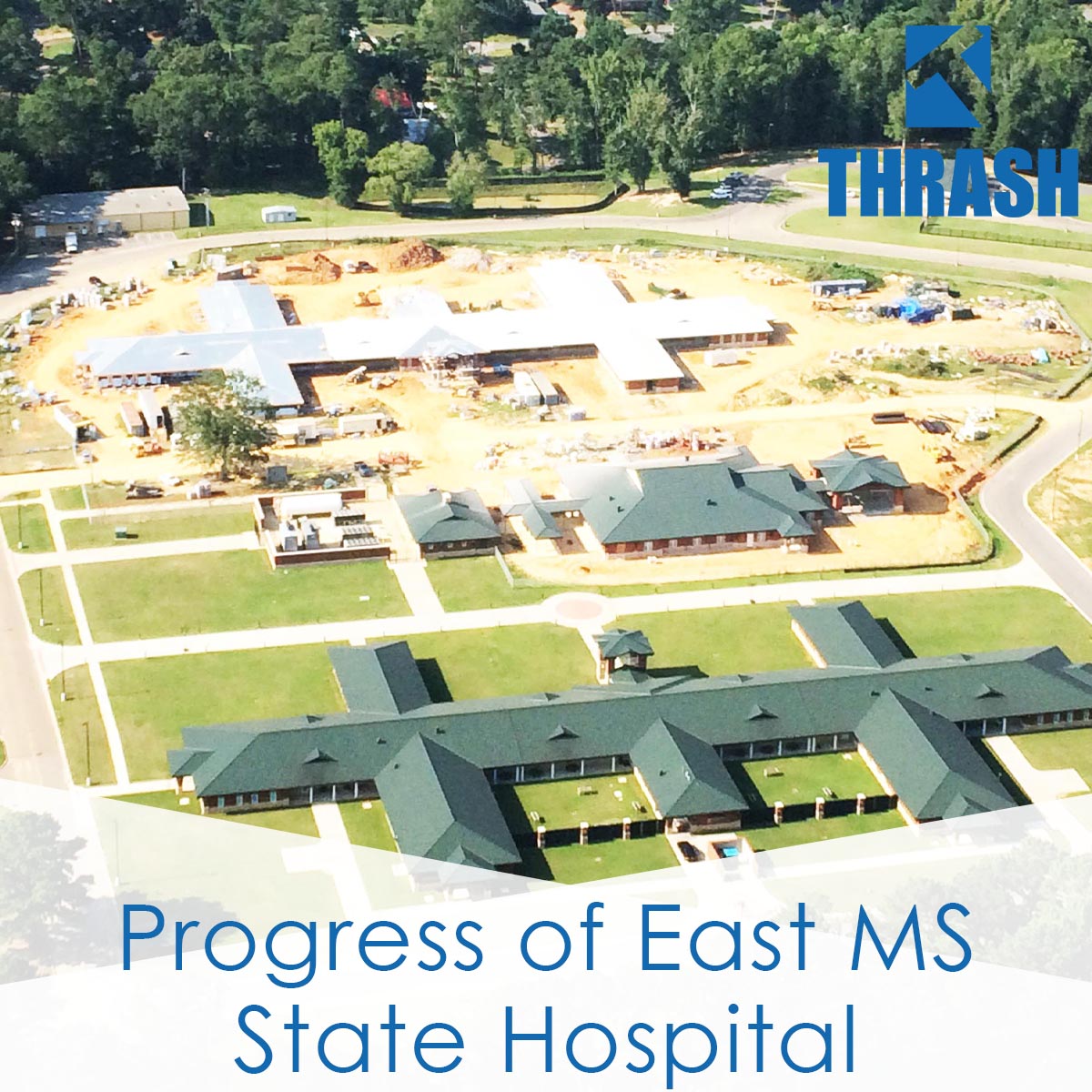 #ThrashProjectInProgress- We are featuring here a flyover picture representing the construction site for the East MS State Hospital project.

See more information here - ow.ly/eoA850vyIY9

#thrashcommercialcontractors #thrashco #construction