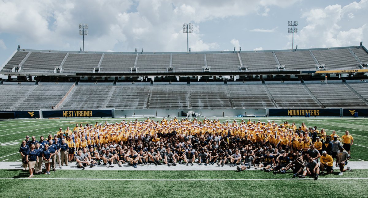 Coach_NealBrown's tweet photo. Our guys had a great time with the @WVUMarchingBand after today’s practice. The Pride of West Virginia is climbing with @WVUfootball! Let’s go! #TrustTheClimb https://t.co/fOaV2Fan2M