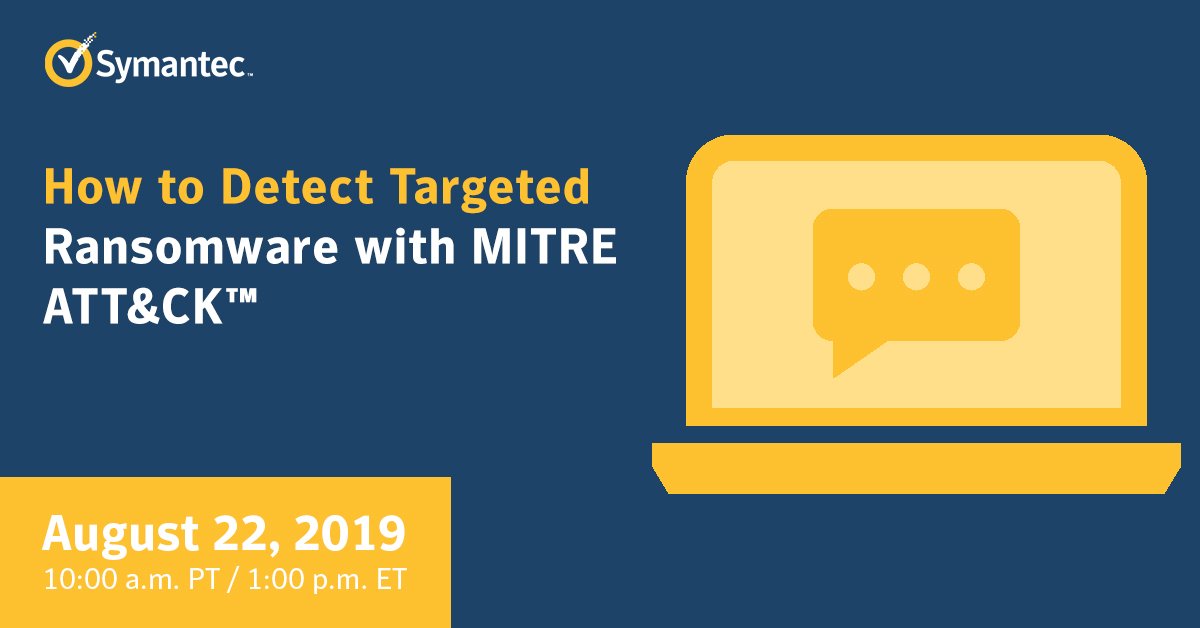 SymantecSOC's tweet photo. Join @Symantec and MITRE Corporation on Aug 22 to hear about trends in targeted #ransomware attacks, the latest research, best defense strategies, and more. Register here: https://t.co/VSmQs1HJ0R https://t.co/n0IW52QXBg