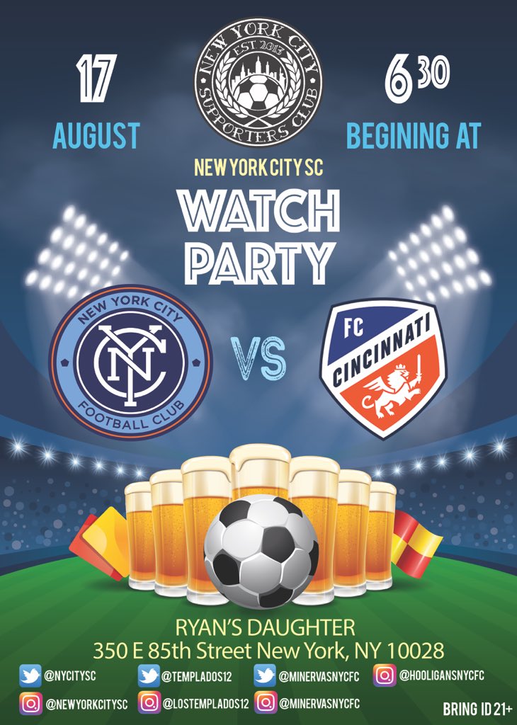 New York City SC (@nycitysc) on Twitter photo Come support with us while we watch @NYCFC on the road against <a href="/fccincinnati/">FC Cincinnati</a>! We will be at <a href="/ryansdaughterny/">Ryan's Daughter</a> beginning at 6:30pm! Come support with us while we watch @NYCFC on the road against <a href="/fccincinnati/">FC Cincinnati</a>! We will be at <a href="/ryansdaughterny/">Ryan's Daughter</a> beginning at 6:30pm!