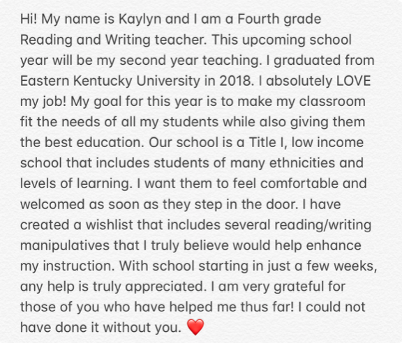 k_schmitz12's tweet photo. Hi Twitter friends! School starts in 6 days and I wanted to share my classroom wishlist. I really appreciate any help and know my students will too! ❤️🍎📝 #wishlist #helpateacher 

https://t.co/cAtbEyvGmM https://t.co/DgsiqhwiM8