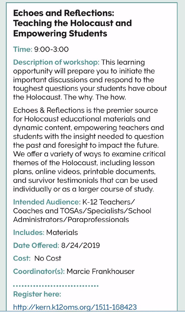DrKristaH's tweet photo. Please join us on Saturday, August 24th at 9am for a morning of learning from a Holocaust Survivor on: Teaching the Holocaust and Empowering Students! Such an amazing FREE opportunity for the educators of Kern County. Register here: https://t.co/tTtbEyHXSi #KCSOSLearns @KCSOS https://t.co/lY2qtsAwkQ