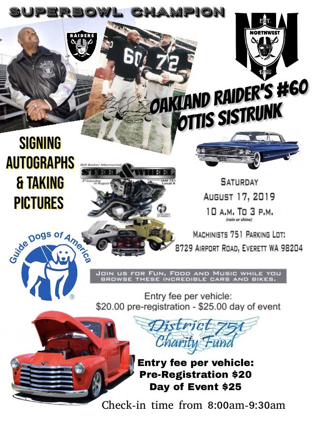 NWRBC's tweet photo. In Seattle this weekend?? Come stop by and see #60, the great Ottis Sistrunk! See flyer for more details #Raiders #RaiderNation #HardKnocks #Seattle https://t.co/ETeWWd518D