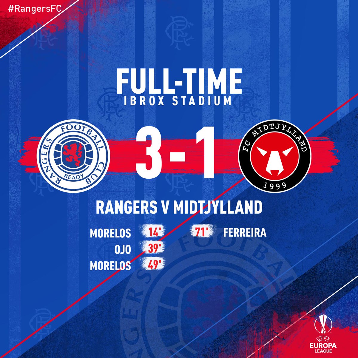 RangersFC's tweet photo. FULL-TIME: Rangers 3-1 Midtjylland (Agg 7-3)
π Another @EuropaLeague victory at Ibrox.
π΅π± #RangersFC will now face Legia Warsaw in the Europa League play-off round. https://t.co/Kz9oRPXwU7