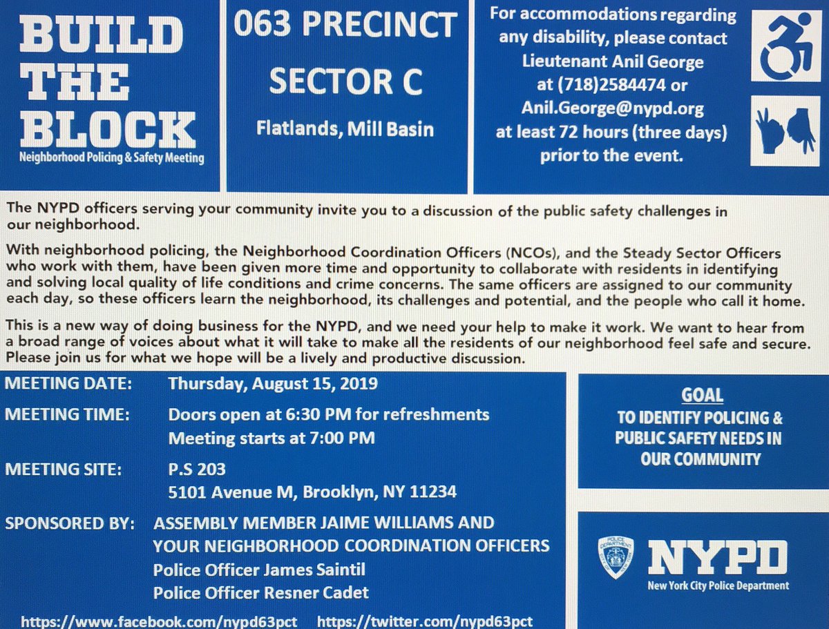 NYPD63Pct's tweet photo. Happening Tonight 

#MillBasin &amp; #Flatlands #Brooklyn Neighborhood Coordination Officer Sector C @buildtheblockny #safety meeting

@NYCSchools @District22BKNY @ps203pta PS 203
5101 Avenue M
6:30pm

#NeighborhoodPolicing
#NYPDConnecting https://t.co/DhoEOJ9Hyk