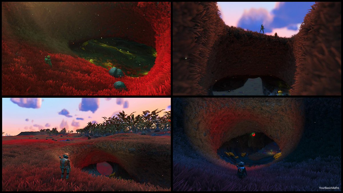 YourBasicMaths's tweet photo. So, grass-covered caves are a thing now. I'm so stoked about this. Spent hours just looking at these! #NoMansSky #NoMansSkyBeyond #DatGrass https://t.co/T3djbsK8a2