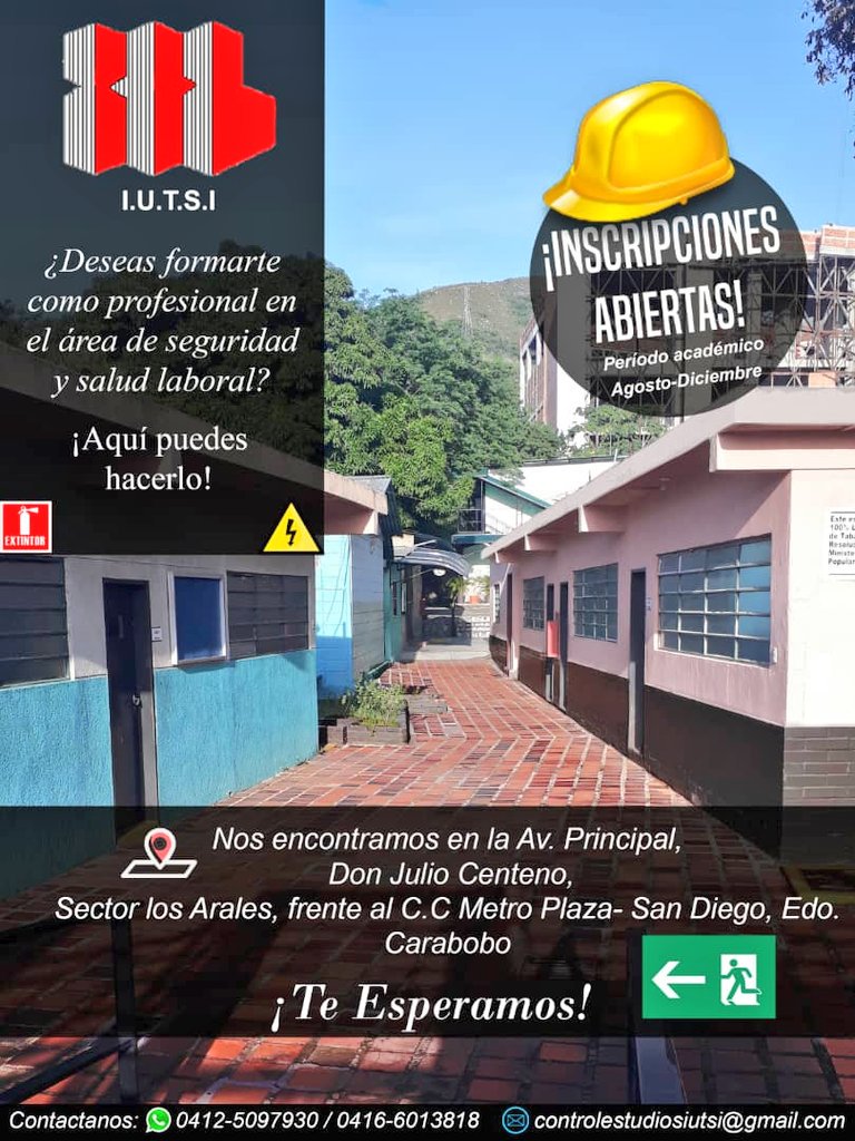 SistemaCarabobo's tweet photo. #15Ago ¡Inscríbete ya! En @tecnoiutsi te formaremos en el área de seguridad y salud laboral ¡Comunícate para ingresar a la insigne institución! #Carabobo #SanDiego #iutsi #somosunicosydiferentes #formacion #seguridad @bomberocarabobo @Jacobo_Vidarte @culturvenca @espacioinfo https://t.co/NeaHHjp3Rf