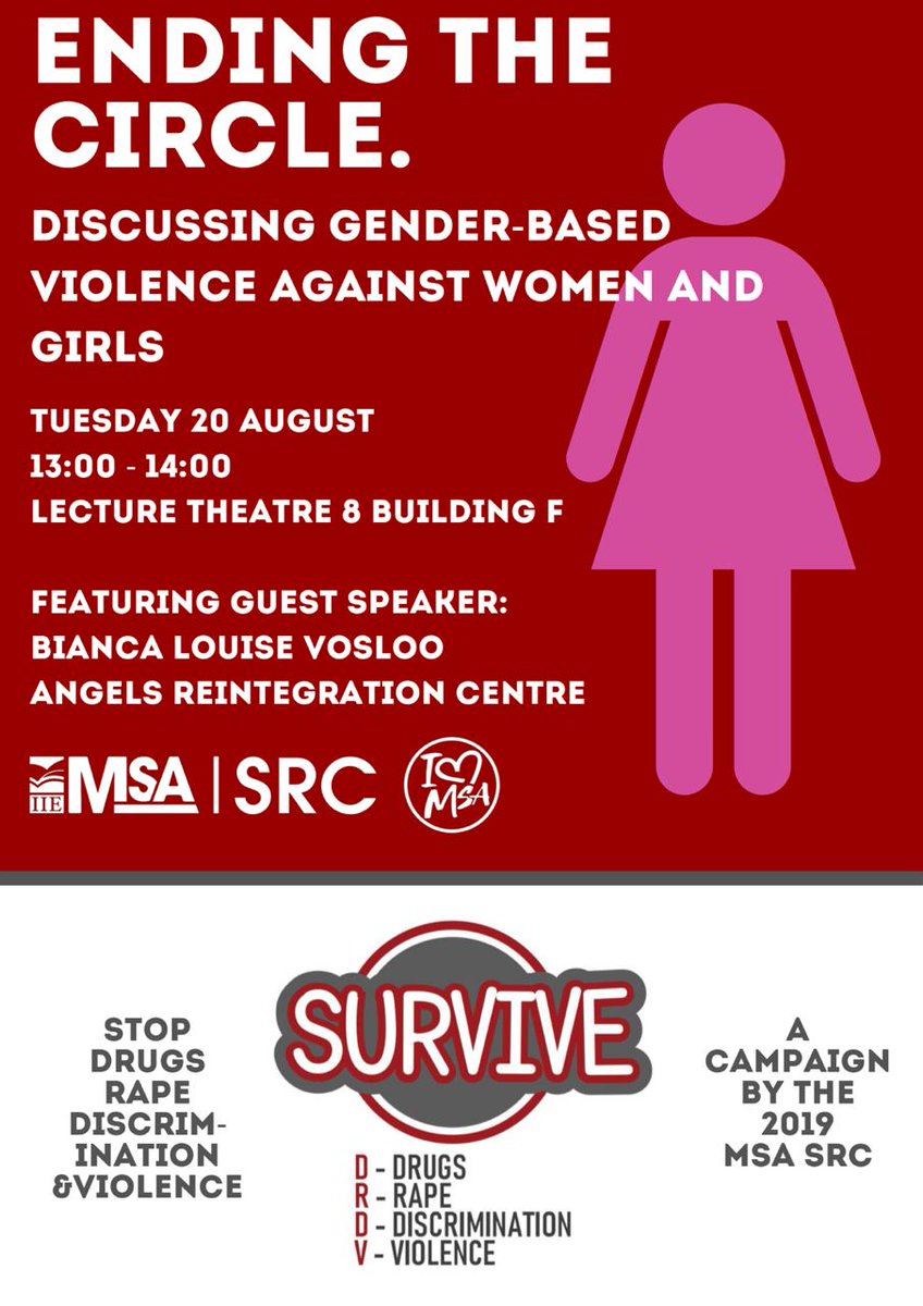 src_msa's tweet photo. Join us on our campaign against women abuse. 

#SURVIVEDRDV #stopabuse #I❤MSA

Date: 20 August 2019
Time: 1pm  - 2PM
Lecture theatre 8 https://t.co/0INYXgVYzg