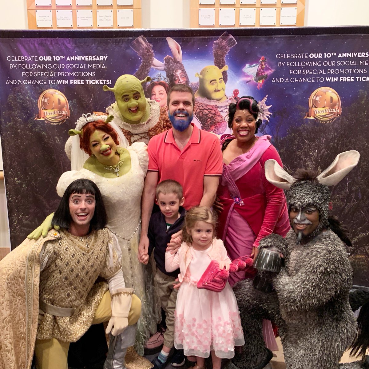 ThePerezHilton's tweet photo. These are a few of my favorite things: my kids, the theater and fashion! Loved Mia's dress from @KidsDreamUS!! Loved @3Dtheatricals' production of #ShrekTheMusical! And LOVED my kids' reaction to meeting the cast! Watch that and our vlog and review HERE: https://t.co/hYJTVJU2X3 https://t.co/FVvpql2qKj