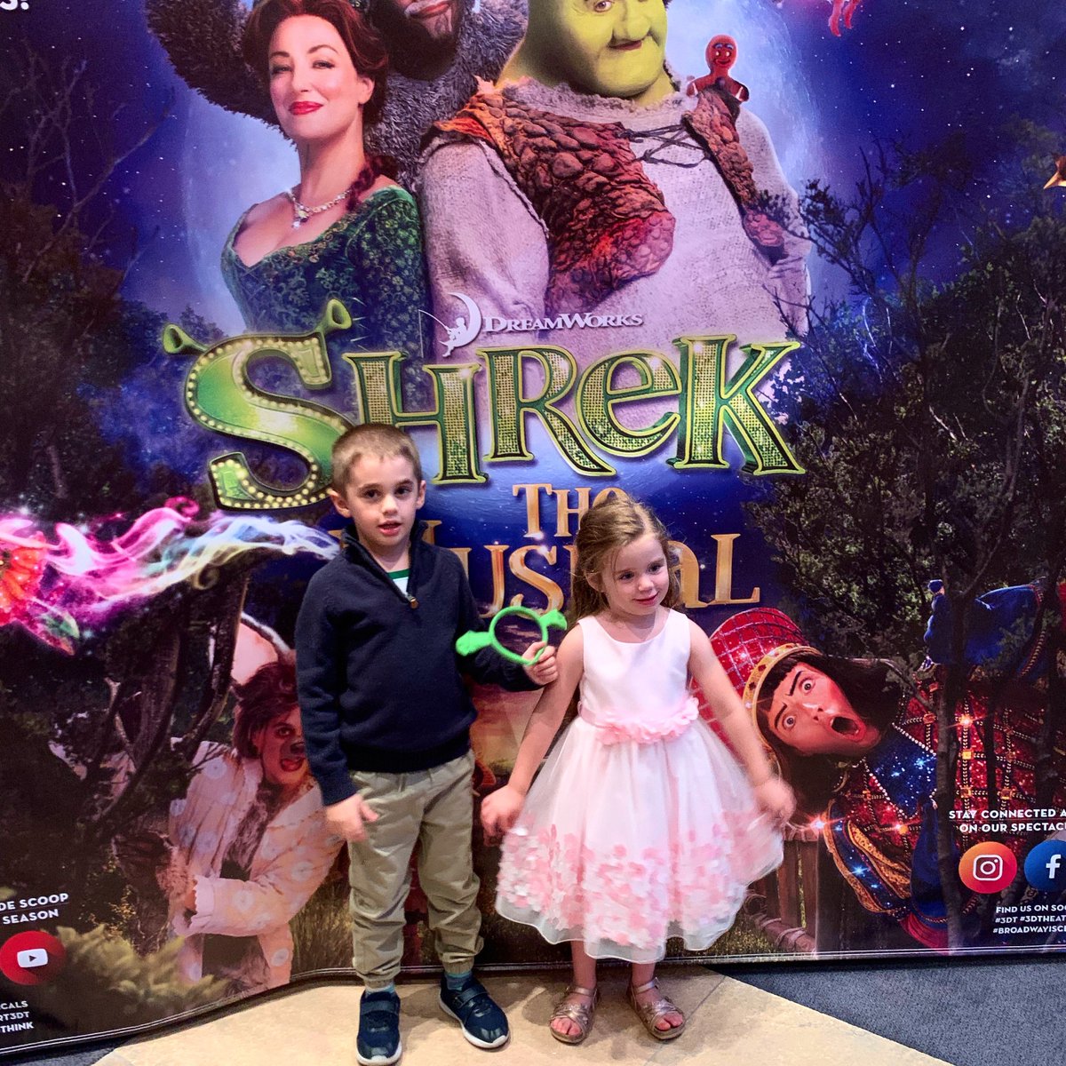 ThePerezHilton's tweet photo. These are a few of my favorite things: my kids, the theater and fashion! Loved Mia's dress from @KidsDreamUS!! Loved @3Dtheatricals' production of #ShrekTheMusical! And LOVED my kids' reaction to meeting the cast! Watch that and our vlog and review HERE: https://t.co/hYJTVJU2X3 https://t.co/FVvpql2qKj
