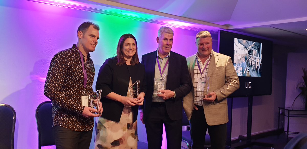 Fonterra's tweet photo. Proud to share the Co-operation Amongst Co-ops win with @LICnz at @NZdotCoop Awards for creating @AgrigateNZ. #EmmaParsons &amp; team are working hard to unlock data-sharing, make life easier for farmers, and help make NZ dairy more sustainable. Congrats to Co-op of the Year @LICnz! https://t.co/XMI95vYdbW