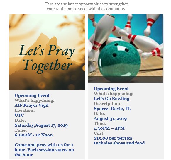 UTCmiami's tweet photo. #AIF2019 is underway and we have a few events coming up this weekend and the next! 🥳

This Saturday: Prayer Vigil. 🙏🏾 

Next Saturday: fun at Sparez Bowling alley in Davie, Florida. 🎳 

See all details below - Can’t wait to see you! 🙌🏾 https://t.co/x9Oh7awrU0