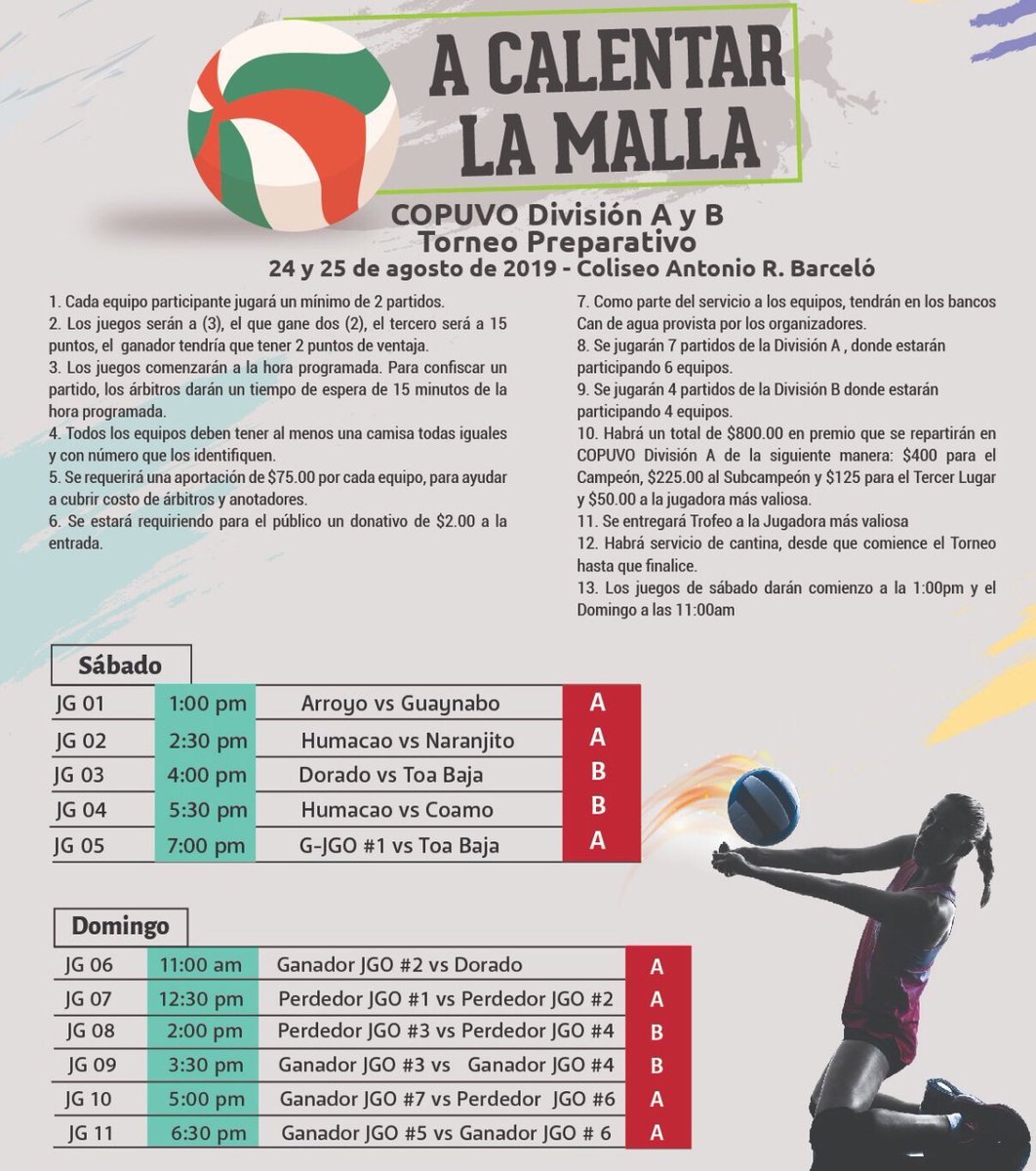 Calendario de Juegos para el Torneo Preparativo Copuvo A y B a celebrarse en nuestra cancha Coliseo Antonio R. Barceló ¡Te esperamos!
