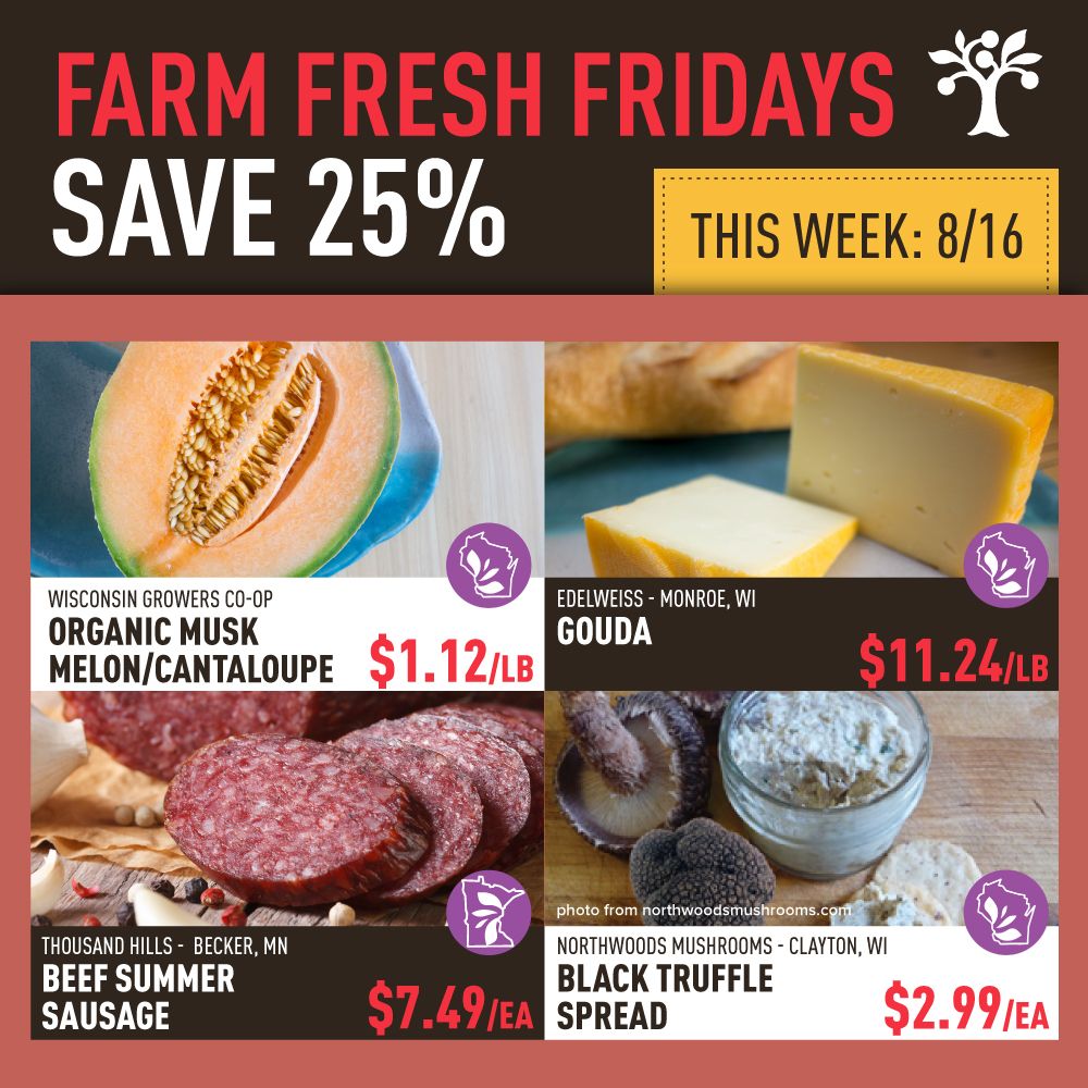 sewardcoop's tweet photo. #FarmFreshFridays deals for 8/16! For #onedayonly all Seward shoppers can save 25% on these #local #CommunityFoods products: #Organic Cantaloupe/Musk Melon - WI Growers #Coop | Gouda - Edelweiss | Black Truffle Spread - Northwoods Mushrooms | Summer Sausage - @ThousandHillsLG https://t.co/mXBmOB60r2