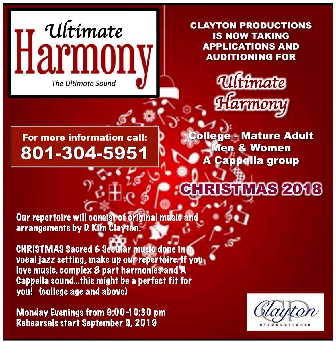 My very FAVORITE type of music! With that in mind...it's time to put together my College - Mature Adult organization entitled "Ultimate Harmony". If you've been around me much, I am an a cappella fanatic. Come join us! Call for more information and to register. 801-304-5951