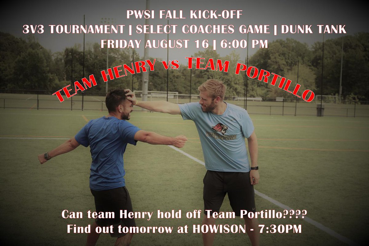 CouragePW's tweet image. 💥💥 Who's ready for tomorrow's Coach's Game❓❗❓❗ Can #TeamHenry hold off #TeamPortillo? Find out tomorrow at the Courage Fall Kick-off, 7:30 PM at Howison. #FallKickoff #3v3Tournament #SoccerTennis #DunkTank #DunkCoachJuan #CourageKickoff🦁⚽