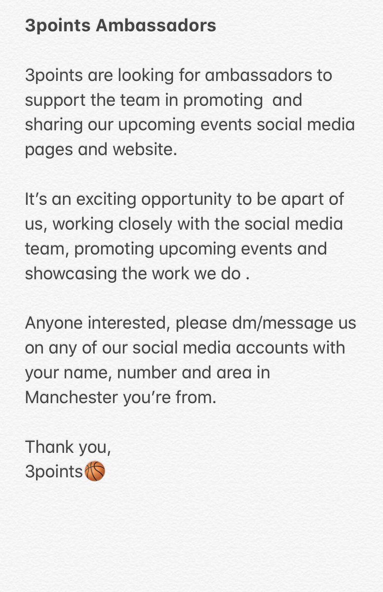 3PointsMCR's tweet photo. We’re looking for ambassadors to be a part of our team, do you think you have what it takes? https://t.co/Z6j53Cm6FB