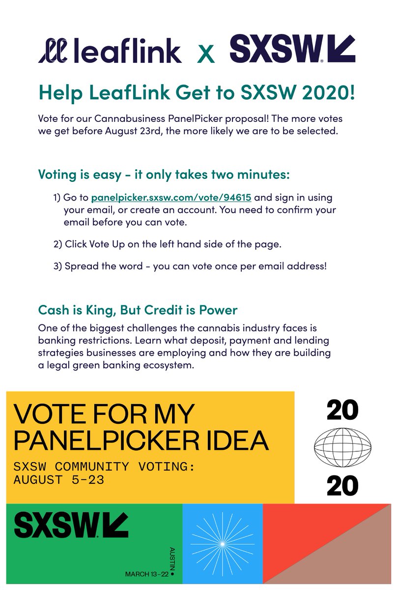 LeafLink needs your vote! Help us get to <a href="/sxsw/">SXSW</a> 2020 by retweeting this post and voting for our #Cannabusiness panel here: panelpicker.sxsw.com/vote/94615