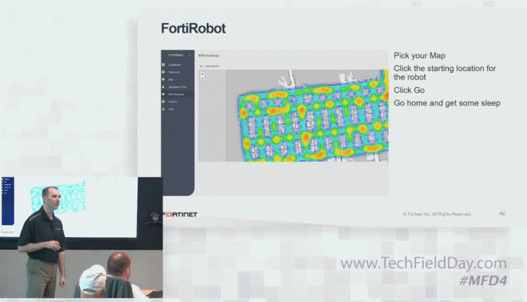 jjx's tweet photo. What the.. .?!? A #wifi RF survey robot?! And it builds its own map/floorplan. #FortiRobot It's in prototype, they have one here at @fortinet #mfd4 #shutupandtakemymoney https://t.co/9L3732zhA5