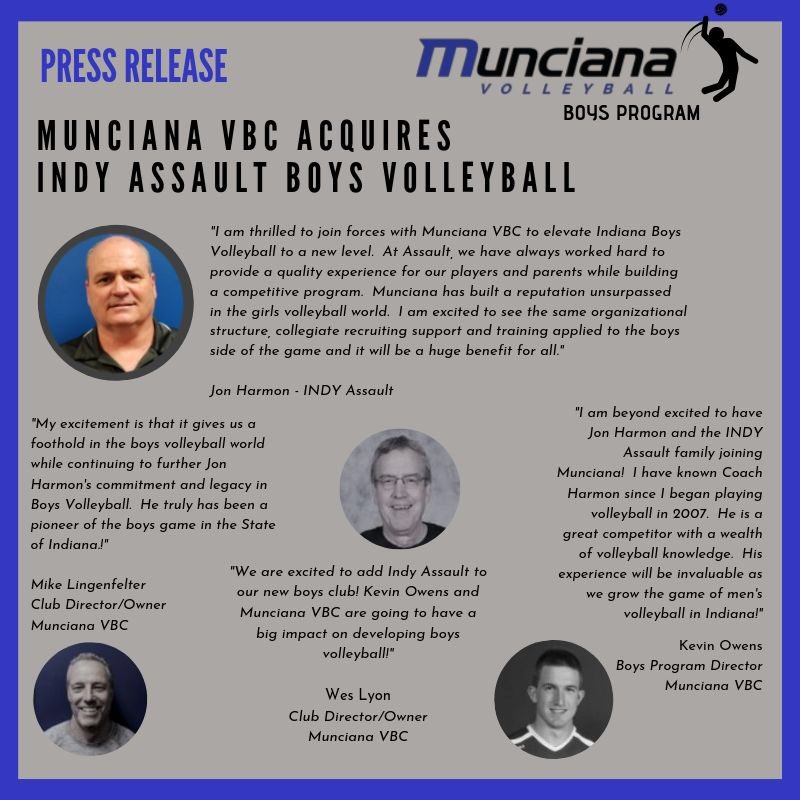 MuncianaVB's tweet photo. “With the acquisition of the Indy Assault boys volleyball club it is Munciana’s intention to create a boys club of national prominence.” Tim Kuzma, Munciana VBC, Co-Owner @IBVCAvb @IndyAssaultVB https://t.co/d3AnZyJ3BU