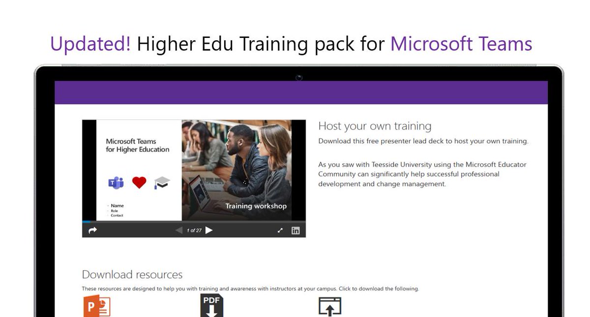 Updated!🥳 Host your own #MicrosoftTeams training with this Teams Presenter Led pack for higher education! Scroll down this page 👇 - aka.ms/TeamsUniversit… 

Get ready for the new semester with #TeamsUniversity! 🎓