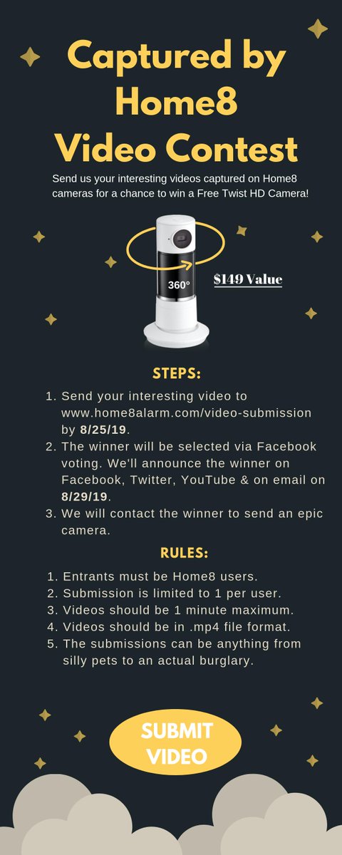 Home8Alarm's tweet photo. 🥳 We are super excited to announce the #CapturedbyHome8 video contest !! 😀 Submit your short video captured by home8 camera by 8/25 to win a FREE Twist HD camera! Like it?

➡️ Submit video here: https://t.co/rMw8gIQ9kj https://t.co/JDd9sHediP