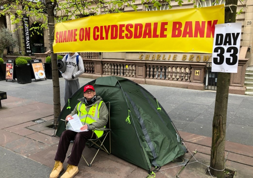 CYBGHungrStrike's tweet photo. I am resuming my hunger strike protest on bank holiday, 26th August.

I will be in my tent outside #CYGB / #virginmoney Head Office in Glasgow.

CYBG CEO, David Duffy &amp; James Peirson, CYBG legal counsel, said:

 ‘We can do nothing about losing your home'

#ShameOnYouClydesdale https://t.co/jbn913KgTI