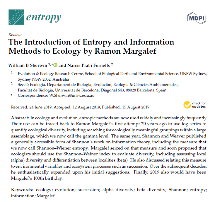 Entropy_MDPI's tweet photo. #mdpientropy The Introduction of Entropy and Information Methods to Ecology by Ramon Margalef https://t.co/qTNEAzyPjU  

#ecology
#evolution
#succession
#alphadiversity
#betadiversity
#Shannon
#entropy 
#information
#Margalef https://t.co/exhPT6C8dT