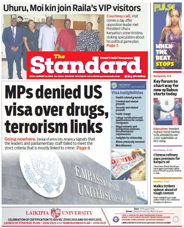 MPs denied US visa over drugs - Standard Digital News 

Grab a copy from your nearest vendor 

Subscribe: epaper.standardmedia.co.ke
: