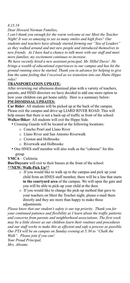 HNES_Hippos's tweet photo. Hello Hippo Nation! Howard Norman has an update about transportation, and dismissal information! Please refer to the imagine for a letter from our principal. #hipponation #hnes https://t.co/WosVWn0uY2
