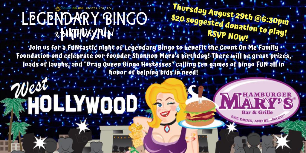 Support Count On Me AND celebrate our founder Shannon's birthday at Legendary Bingo on August 29th!! Only a $20 suggested donation at the door to play--AND support our youth programs! RSVP NOW at the link below!

countonmefoundation.z2systems.com/np/clients/cou…