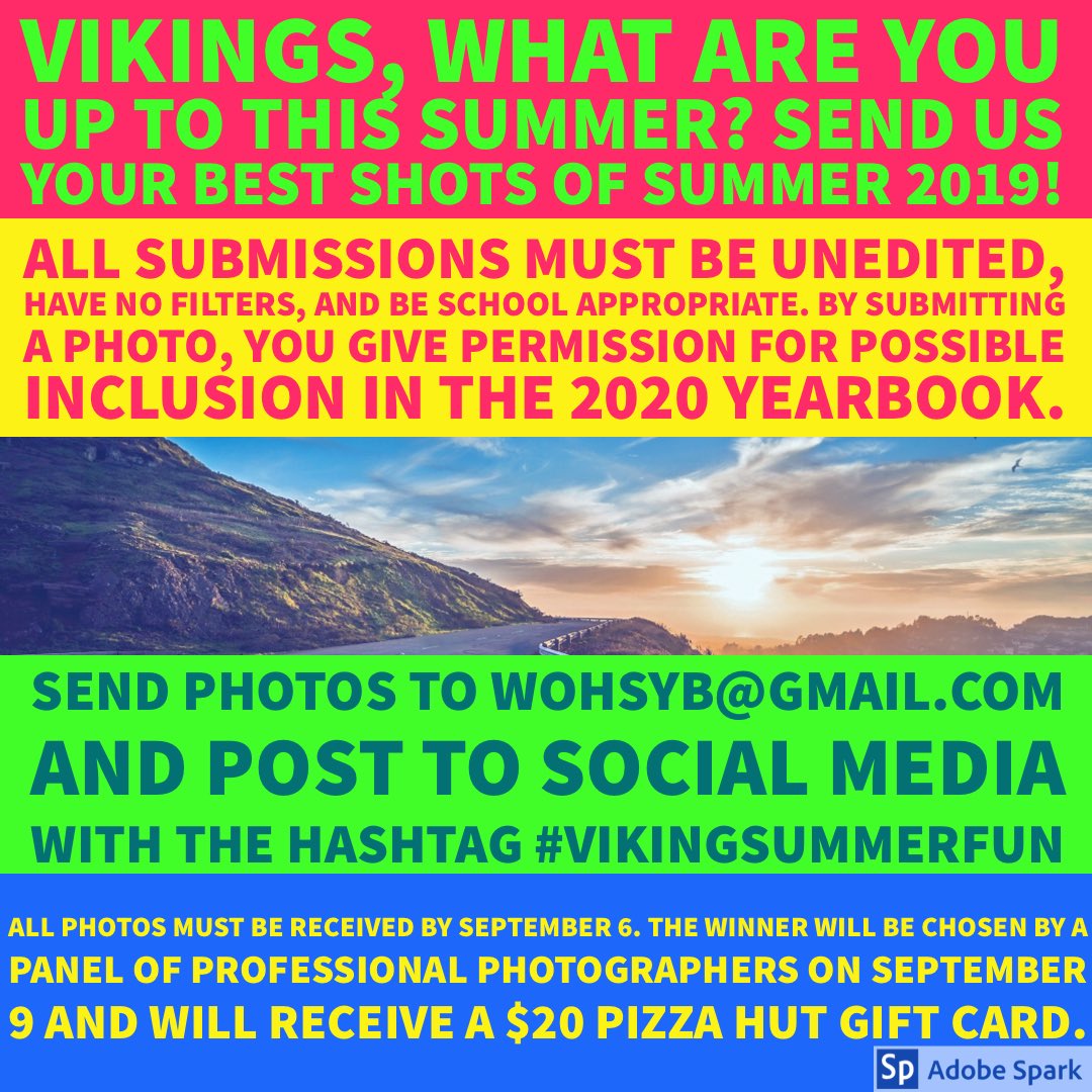 Don’t forget to enter our summer photo contest! Send us your best shots of summer 2019 before it ends. 📸🌅🏞🏙 

Follow the details in the second picture posted on this tweet. Send photos to wohsyb@gmail.com AND post to social media with the hashtag #vikingsummerfun 💚💛