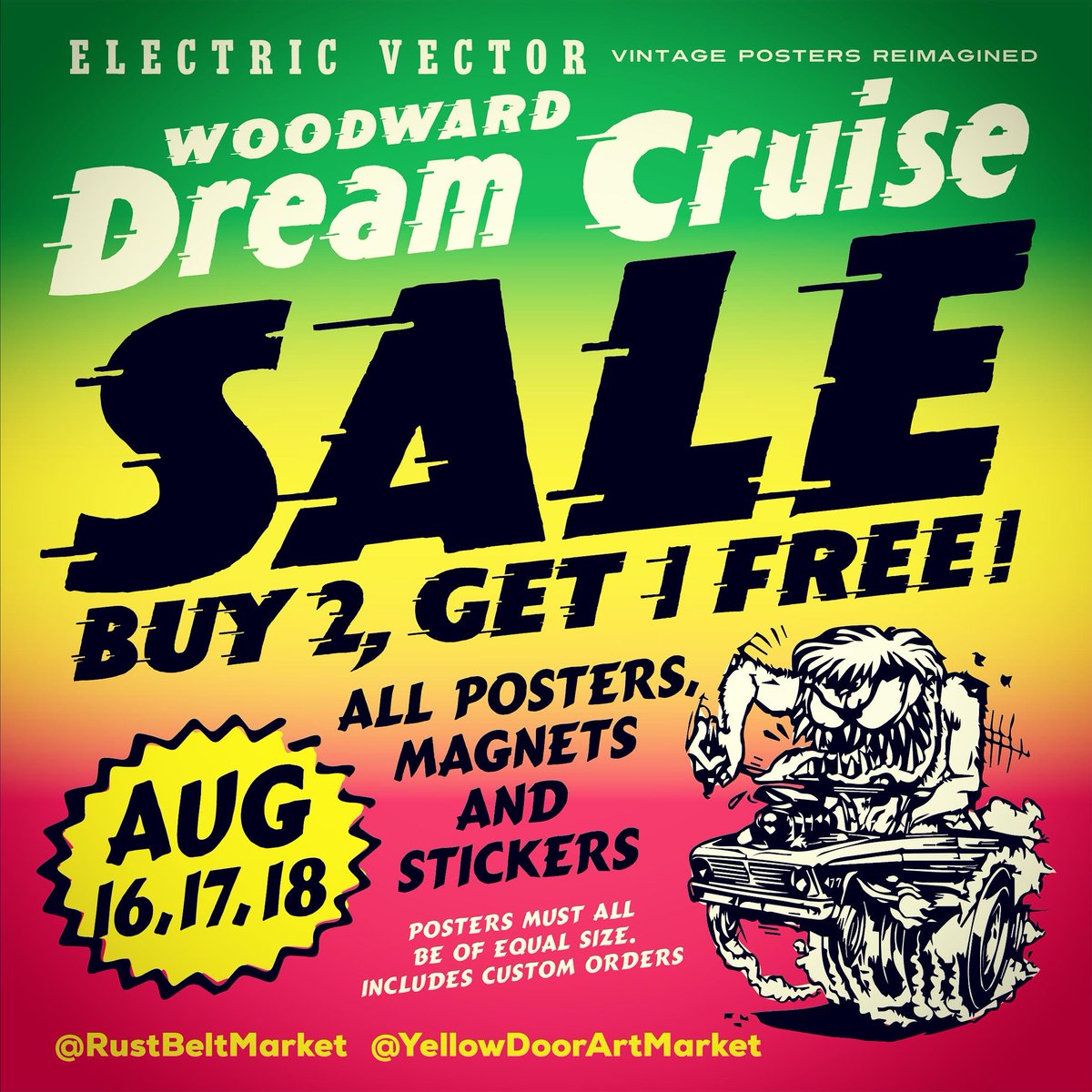 RustBeltMarket's tweet image. Buy 2, Get 1 Free Sale!
The Electric Vector will be having a sale this weekend in honor of #dreamcruise. Make sure you come by Friday, Saturday or Sunday to take advantage of it! #shoprustbelt #rustbeltmarket #shoplocalmichigan #ferndalemichigan
