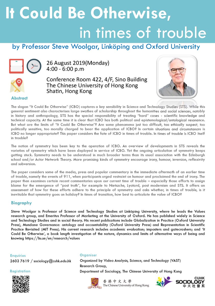 VASTresearchgroup (@vast_research) on Twitter photo It is our great pleasure to invite Prof. Steve Woolgar (Linköping and Oxford University) to give a talk on "It Could Be Otherwise, in times of trouble" in the Department of Sociology at CUHK. If you are interested in STS, this would be a wonderful talk for you. <a href="/SociologyCUHK/">CUHK Sociology</a> It is our great pleasure to invite Prof. Steve Woolgar (Linköping and Oxford University) to give a talk on "It Could Be Otherwise, in times of trouble" in the Department of Sociology at CUHK. If you are interested in STS, this would be a wonderful talk for you. <a href="/SociologyCUHK/">CUHK Sociology</a>