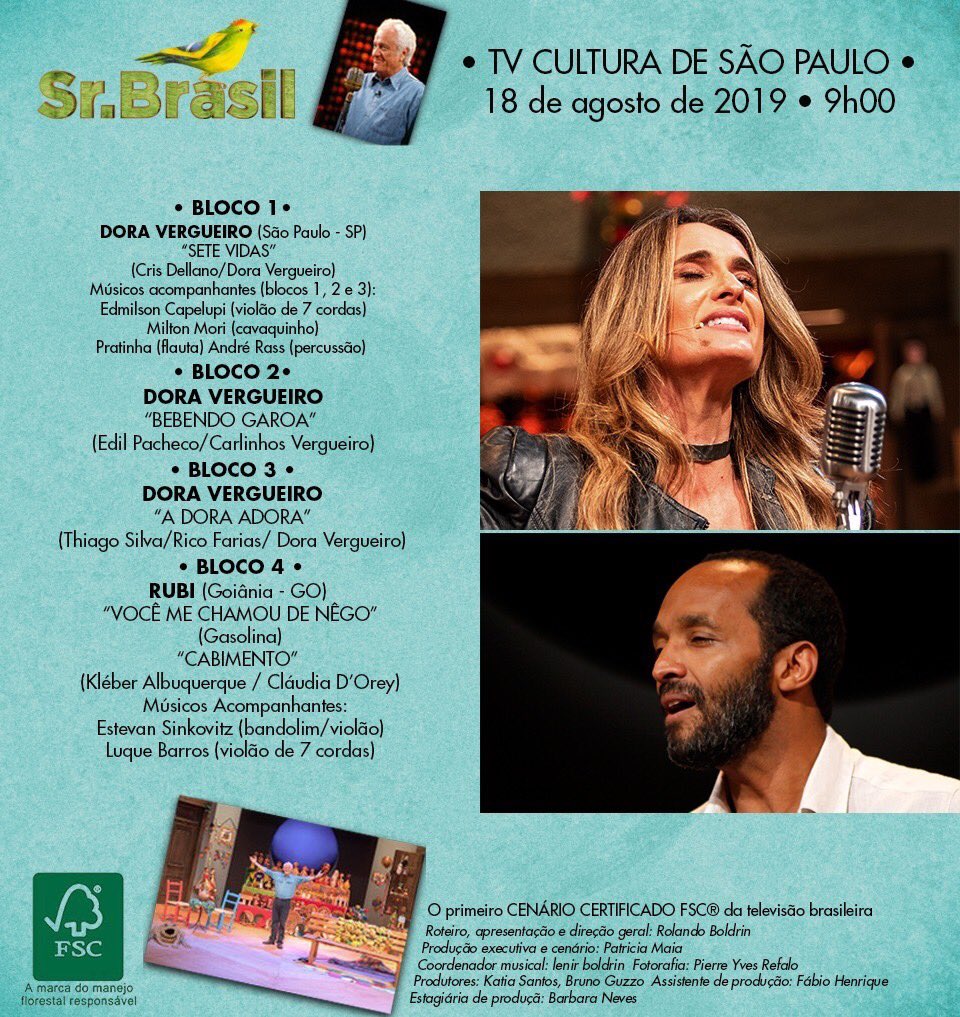 srbrasil's tweet photo. 📺No ar - Programa Sr.Brasil 🇧🇷🐥. 📢 Dia 18.08 as⏱09:00 na TV Cultura. #srbrasil #programasrbrasil #doravergueiro #rubi #artesanatosustentavel #tvcultura #musicabrasileira #rolandoboldrin #brasil #musica #sescpompeia https://t.co/jDfmvhWTyD
