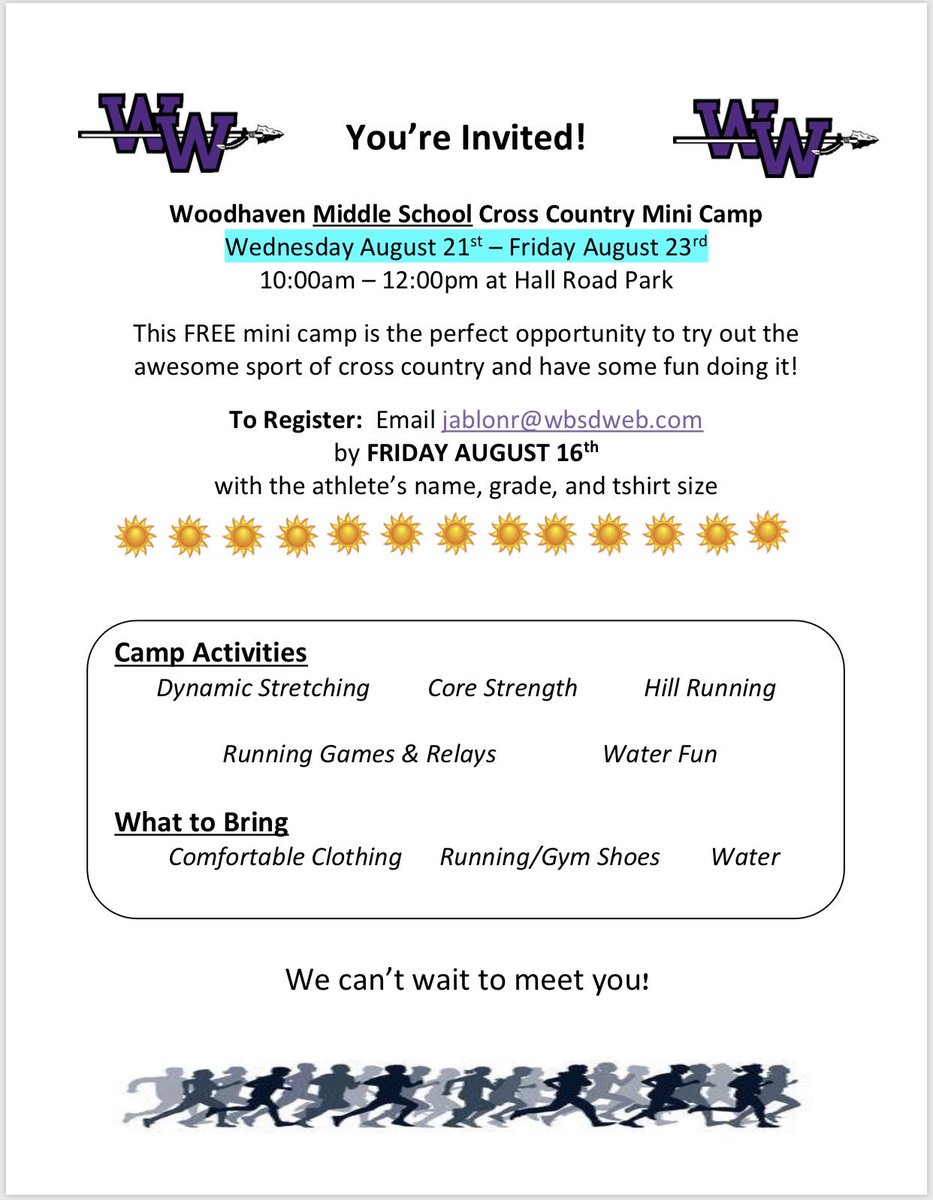 WoodhavenTrack's tweet photo. Middle school grades 6-8 interested in cross country? Our mini camp is next week! It is free!!!! But you need to register by tmw!!! @phmswarriors @BMSWARRIORS67 https://t.co/bf6zE3g7lk