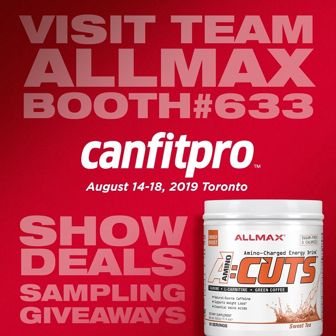 ALLMAX's tweet photo. #ALLMAX will be at Canada's biggest fitness industry event this weekend! Will you be at the 2019 @canfitpro in #Toronto? Head to booth 633 at the Metro Convention Centre for amazing show deals, supplement giveaways, and delicious samples to try like our New #ACUTS Sweet Tea! https://t.co/fLRcZPU1Xx