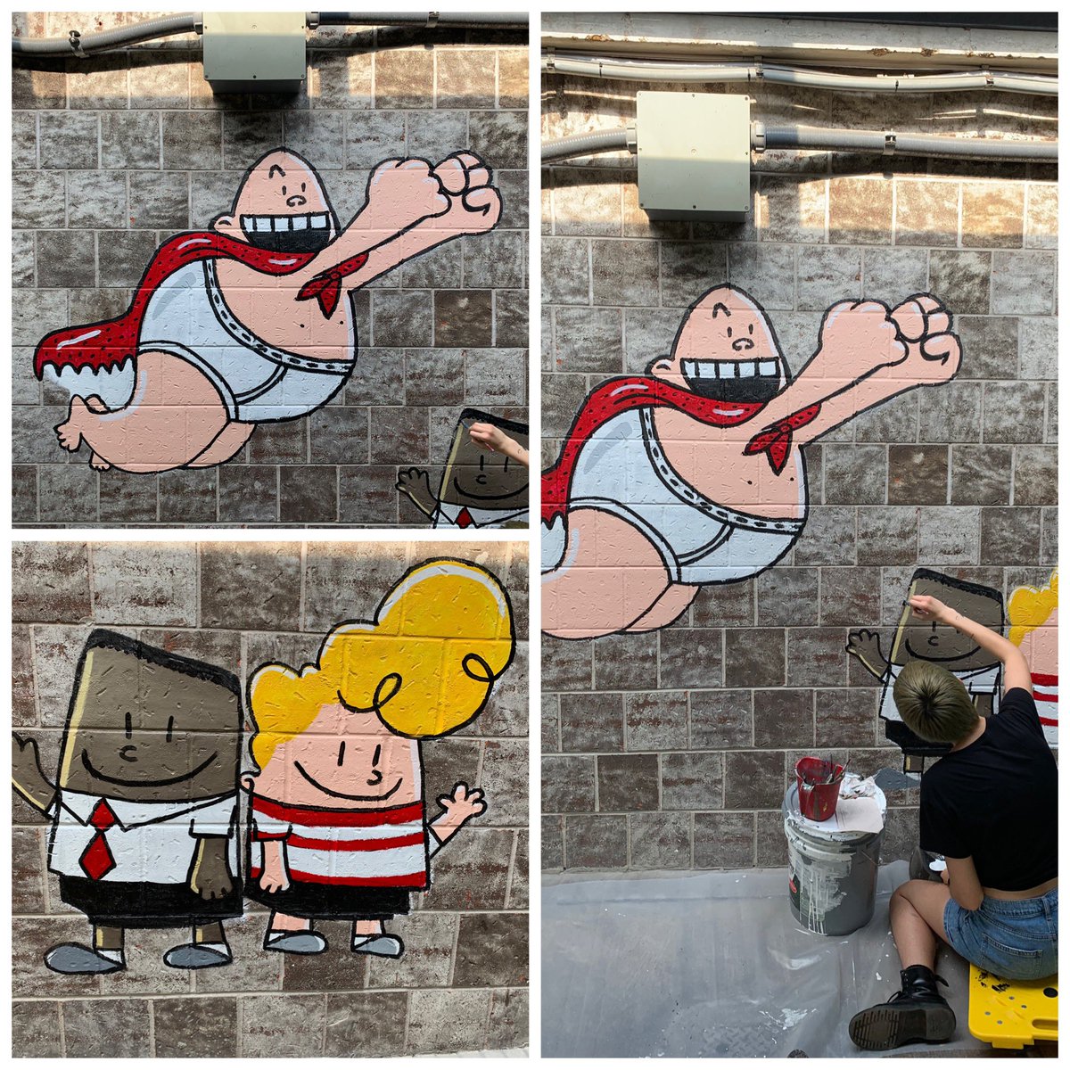 TBradleyMurals's tweet photo. Another morning @PetersenHISD .... check out Captain Underpants!!! So thankful to have extra help this summer. This is Montana working on the Captain Underpants characters. I feel like I’ve literally thrown her into the fire this summer!!! 🔥 https://t.co/91ekpzAWSQ