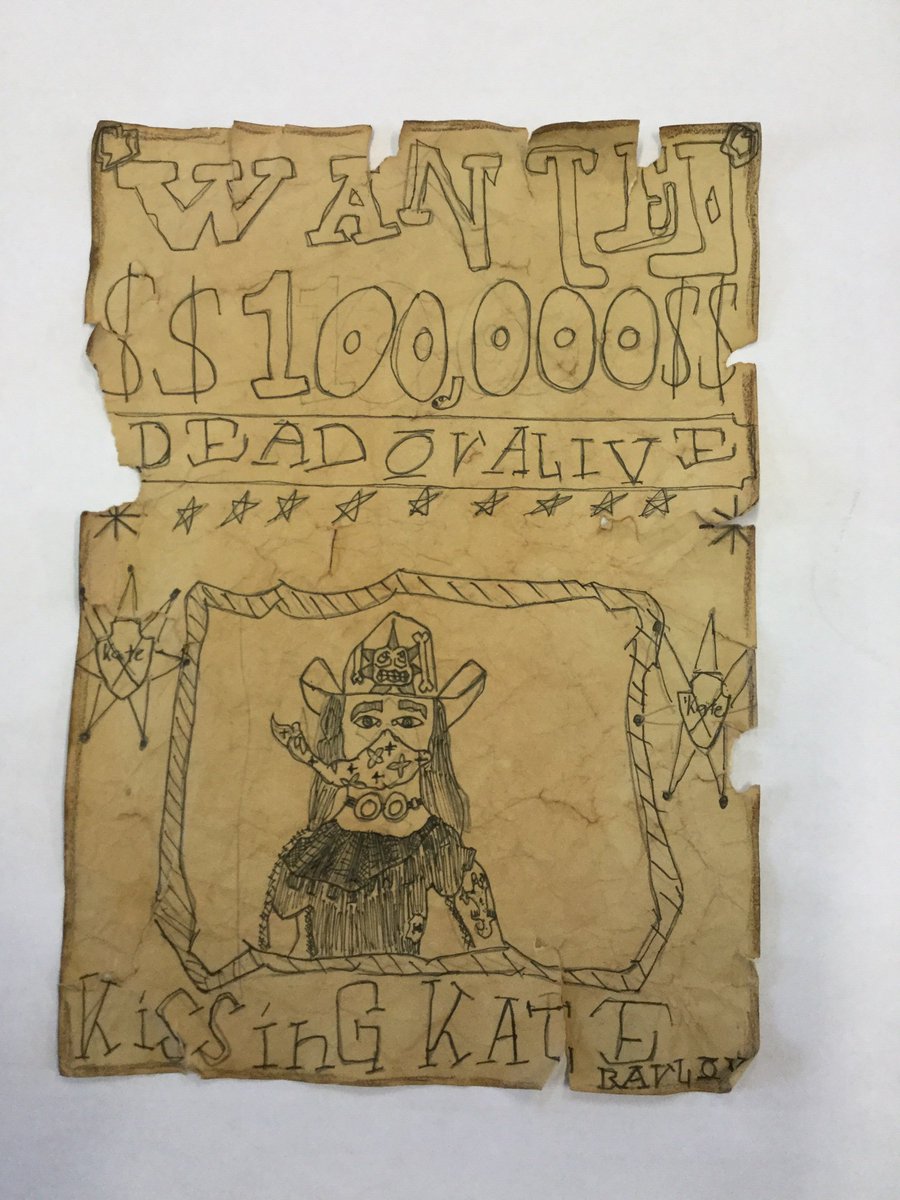 MPSroom12's tweet photo. @ChapterChatNZ This is my Kate Barlow wanted poster. I died it at home with teabags. 
Kadyn Lee https://t.co/xWm1tmwEiV