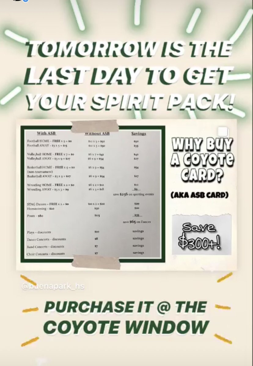 Hey Coyotes 🐾 Tomorrow is the last day to purchase spirit packs so make sure to go buy it @ the coyote window 💚