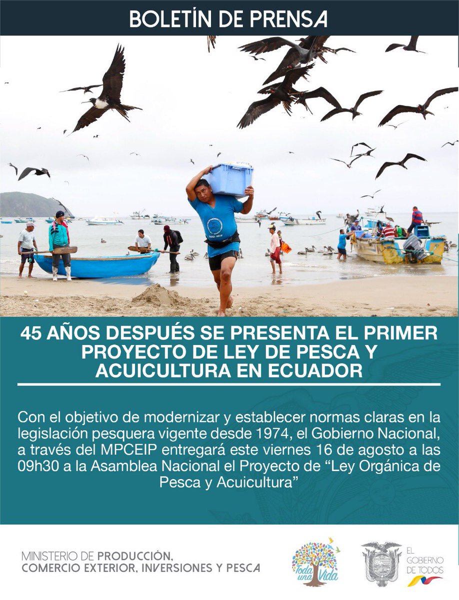 Produccion_Ecu's tweet photo. ✔BOLETÍN 📄| El Gobierno Nacional, a través del #MPCEIP, entregará a la @AsambleaEcuador, este viernes 16 de agosto a las 09h30, el Proyecto de “Ley Orgánica de Pesca y Acuicultura” ➡️ https://t.co/0MvdHfC03Z https://t.co/jf43mPNwUx