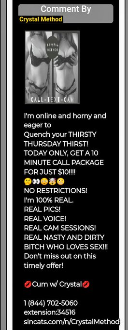 Celebrate #ThirstyThursday with #CrystalMethod on @sincatsphonesex @sincatscom and enjoymy NO RESTRICTIONS<a href="/tag/thirstythursday"class="tags">#ThirstyThursday</a><a href="/tag/crystalmethod"class="tags">#CrystalMethod</a><a href="/tag/sincatsgirls"class="tags"><span>#sincatsgirls</span></a><a href="/tag/cumwithcrystal"class="tags"><span>#cumwithcrystal</span></a><a href="/tag/norestrictionp"class="tags"><span>#norestrictionp</span></a>