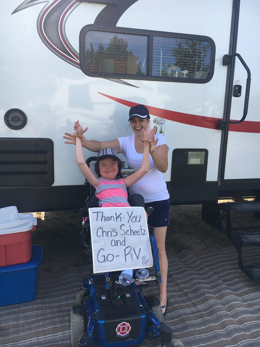 ChrisScheetz's tweet photo. At our #RunForPyper, our friends at GO RV surprised Pyper and her Mom with the use of a trailer with a toy hauler that would work perfect for her wheel chair. They went to Pigeon Lake this week, had some sunny days, and memories they couldn’t have ever had. @CISNCountry https://t.co/C9O7tsrHg4