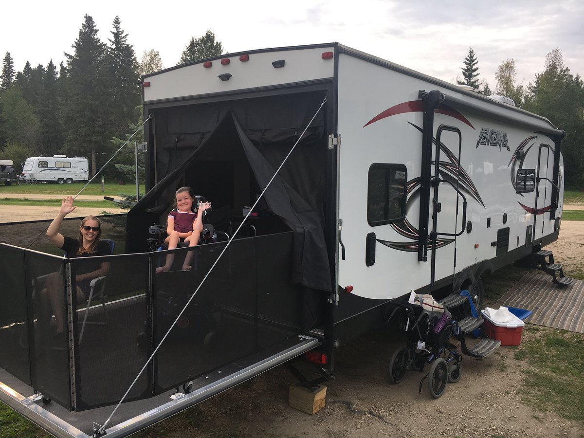ChrisScheetz's tweet photo. At our #RunForPyper, our friends at GO RV surprised Pyper and her Mom with the use of a trailer with a toy hauler that would work perfect for her wheel chair. They went to Pigeon Lake this week, had some sunny days, and memories they couldn’t have ever had. @CISNCountry https://t.co/C9O7tsrHg4