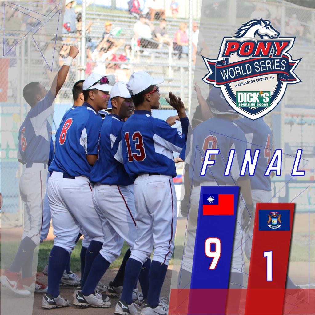 ponyworldseries's tweet photo. Back-to-back, 4 in 5 and 10 in 25. The reign of Chinese Taipei continues, beating Bay County, MI 9-1
Learn More: https://t.co/fzf5nsA3oL
Stats: https://t.co/I54lpSzFLi
#PLWS2019 https://t.co/fSBQXdOpL9