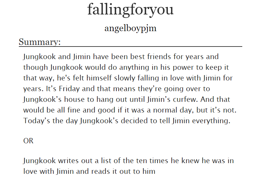 ˗ˏˋ fallingforyou ˎˊ˗   jikook/kookmin https://archiveofourown.org/works/20112628 - SO SOFT I WAS ALMOST CRYING- fall in love with jimin through jungkook- 10k words