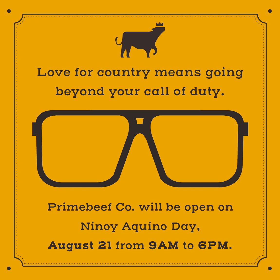 primebeefco's tweet photo. Love for country means going beyond your call of duty. Primebeef Co. will be open on Ninoy Aquino Day, August 21 from 9 AM to 6 PM
⠀⠀⠀⠀⠀⠀⠀⠀⠀
#NinoyAquinoDay #PrimebeefCo #PhilippineHoliday #WeAreOpen https://t.co/esRKorqEHB