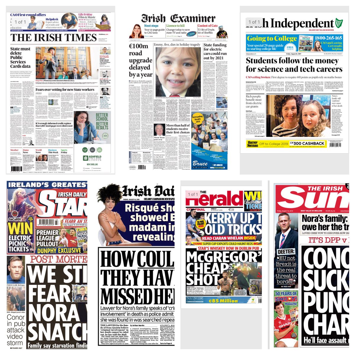 newsbrandsirl's tweet photo. Friday’s front pages #ConorMcGregor #PublicServiceCard #NoraQuoirin https://t.co/rZaDhj1Dqo