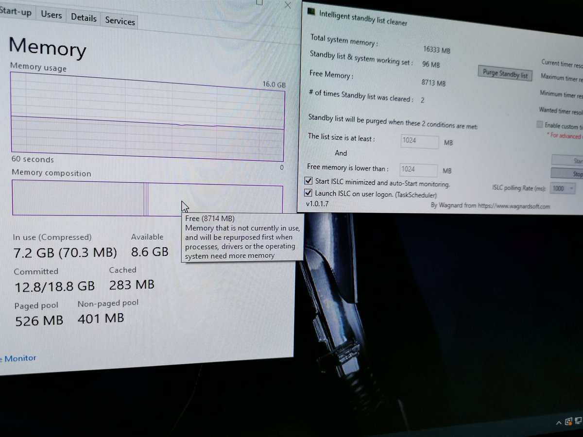 manbearpigs86's tweet photo. @NorthFaceHiker @GamezoneGAF Here is after flushing it with third party software. Cached data is released and the stuttering is gone. If this issue isn't caused by Windows, the OS should be able to flush it before getting full. https://t.co/ONtfJo1R6B