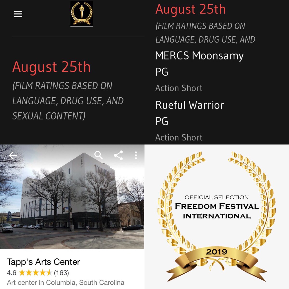 MERCSMOVIE's tweet photo. MERCS now set sail for Freedom Festival International. 

Tapp's Arts Center
Art center in Columbia, South Carolina
1644 Main St, Columbia, SC 29201, USA

Next Sunday the 25th August MERCS Moonsamy will again be Screening, alongside our friends at Rueful Warrior. Well done guys. https://t.co/S0d54hJdIS